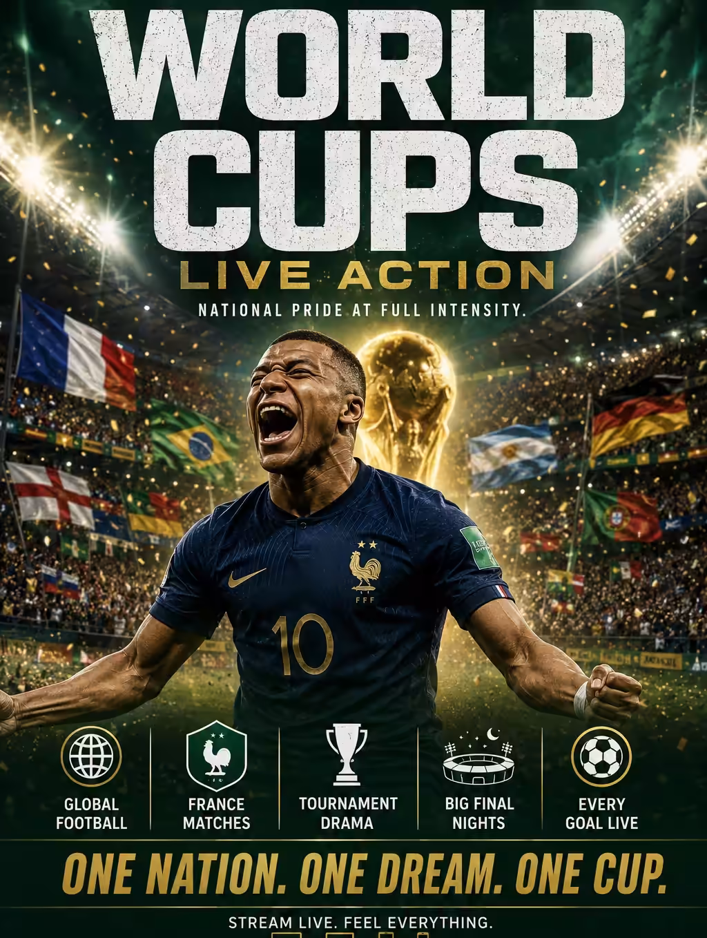 Coupe du Monde de football en direct sur IPTV : joueur de l’équipe de France qui célèbre devant le trophée