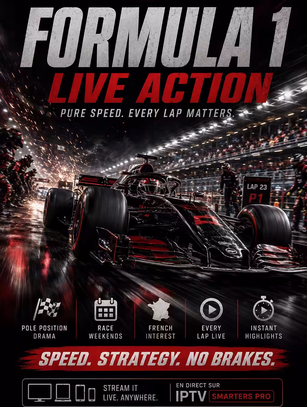 Formule 1 en direct sur IPTV : monoplace lancée à pleine vitesse lors d’un Grand Prix de nuit