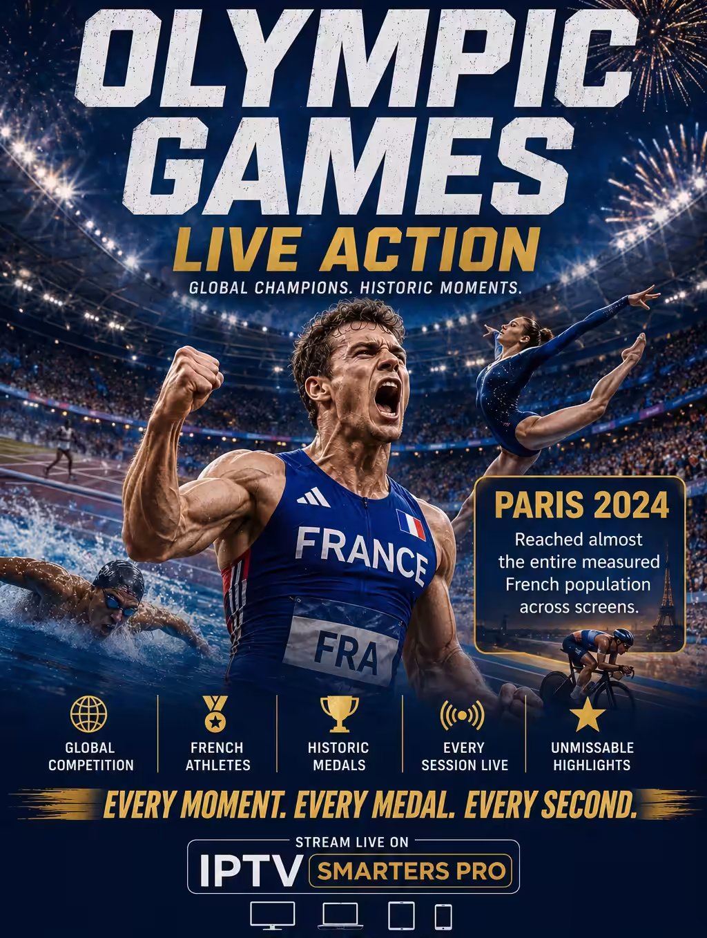 Jeux Olympiques en direct sur IPTV : athlète de l’équipe de France qui célèbre dans un stade illuminé