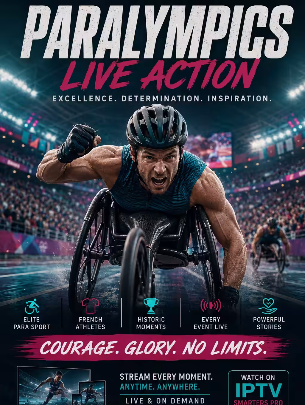 Jeux Paralympiques en direct sur IPTV : athlète en fauteuil de course lancé sur la piste